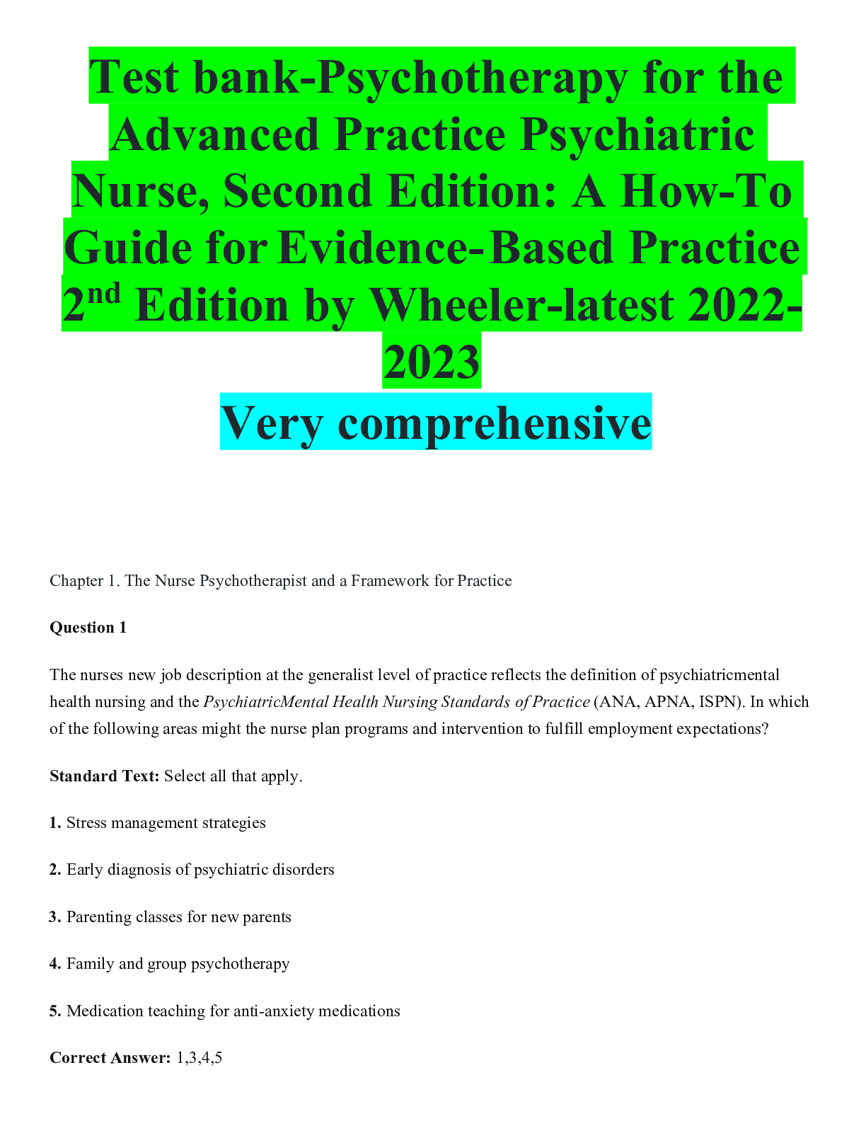 Preview image for Test bank-Psychotherapy for the Advanced Practice Psychiatric Nurse, Second Edition: A How-To Guide for Evidence- Based Practice 2nd Edition by Wheeler-latest 2022-2023